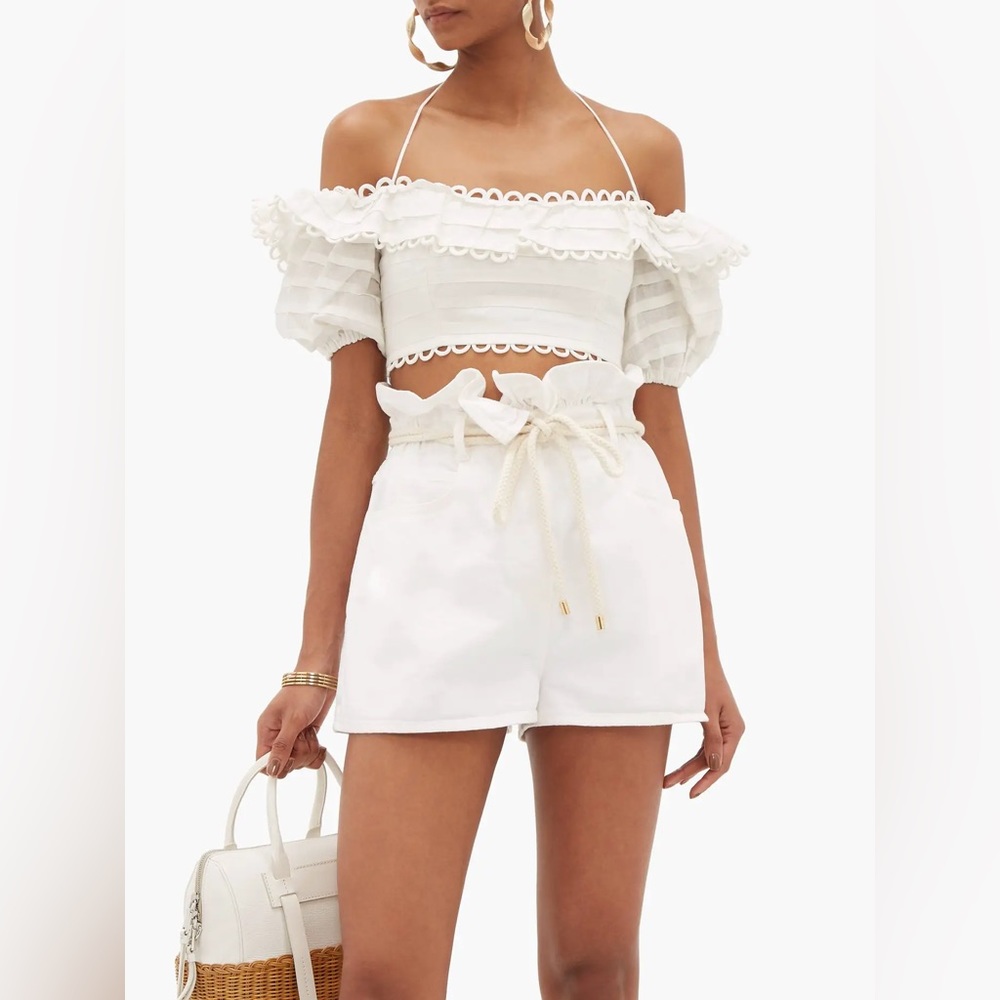 ZIMMERMANN Allia Loop Lace Off-The-Shoulder Short Sleeve Crop Top Zimmermann 1
